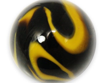 50mm Poison Dart Frog Glass Toebreaker Marble 2" Opaque Black w Yellow & Brown Swirls Includes Stand Decorating Games Crafts Art Work