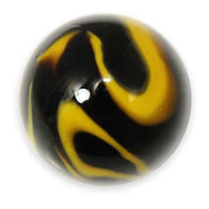 May include: A black and yellow glass marble with a swirling pattern.
