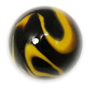 May include: A black and yellow glass marble with a swirling pattern.