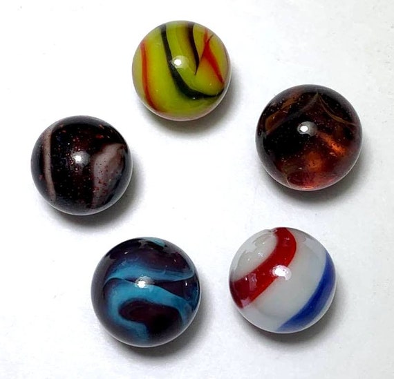 16mm Set of 5 Rare Glass Player Marbles - Vampire, Triceratops