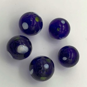 16mm &quot;Deep Blue Sea&quot; Art Glass Player Marbles Pack of 5 Recycled Glass Deep Blue with White and Green Spots - RETIRED!!