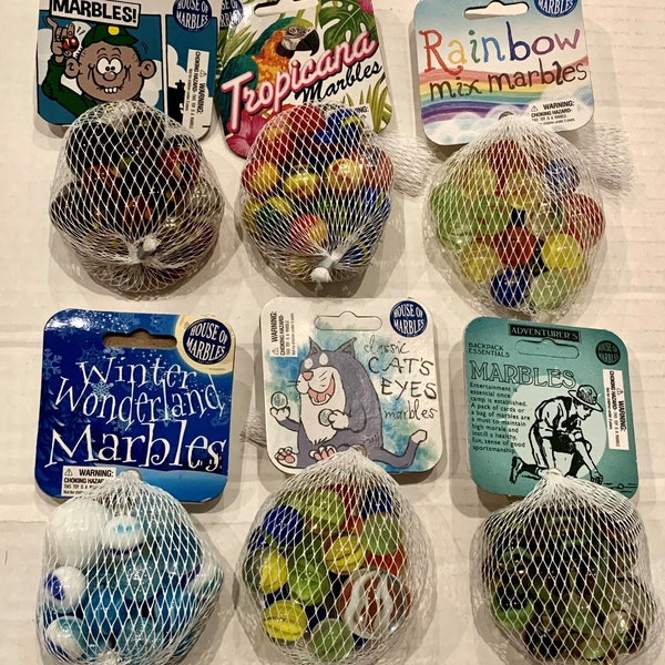 NEW for 2023! 6 Net Bags: Adventurer's Proper Playground Tropicana Winter Wonderland Rainbow Mix Classic Cat's Eyes House of Marbles Vacor