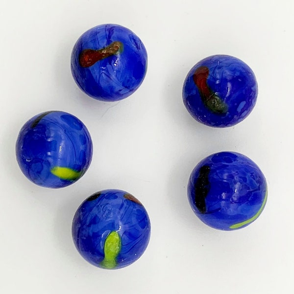 5  16mm Art Glass Player Lakeside Marbles Recycled Glass Blue w Yellow, Black and Red Splotches - RETIRED!! Decorating Games Crafts Art Work