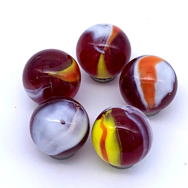 16mm Cardinal Glass Marbles Pk 5 - Translucent Dark Red Base Player w Opaque White & Yellow Patches 2000 -2011 RETIRED! Vacor