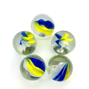 25mm Cat&#39;s Eye (1&quot;) Pack of 5 Glass Marble Shooters Clear with Yellow White and Blue Vanes Decor Party Favors Games Arts and Crafts