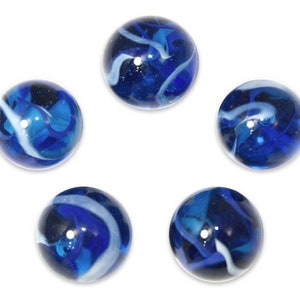 May include: Five blue glass marbles with white swirls. The marbles are arranged in a circle on a white background.