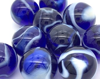 Bulk Packs of 25mm Neptune Glass Shooter Mega Marbles (1") Choice of 25, 50 or 100 Transparent Dark Blue w White Swirls Decor Vacor