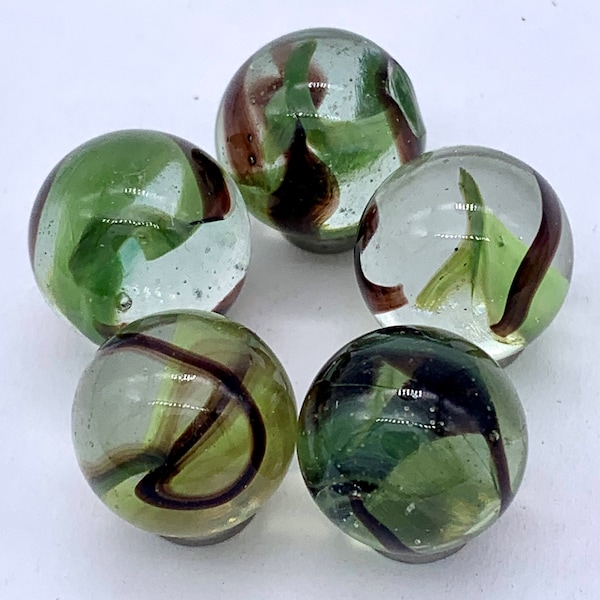 New for 2023! 16mm Commando Glass Marble Players (5/8th") Pack of 5 Clear w White Green & Brown Swirls House of Marbles Vacor