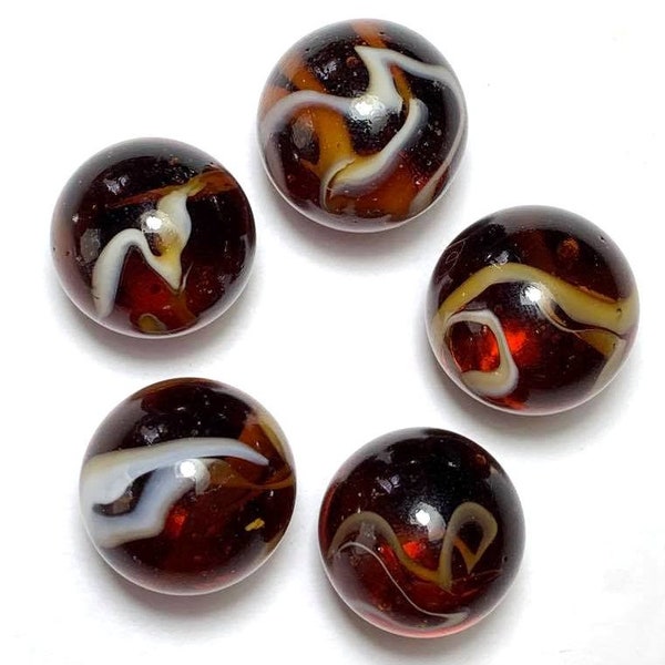 25mm "Kraken II" Glass Marble Shooters (1 inch) Pack of 5 Golden Honey Brown with White and Yellow Swirls RETIRED!!