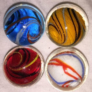 16mm Celebration 5/8&quot; Handmade Art Glass Marbles Set of 4 or Choice of Single Colors Blue Orange Red White w Swirls Decor Games Crafts Art