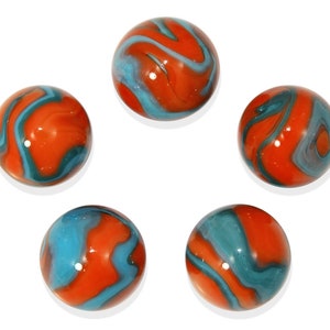16mm "Seahorse" (5/8th") Glass Marble Players - Pack of 5 Orange w Blue and Black Swirls Vacor Decor Party Favors Games