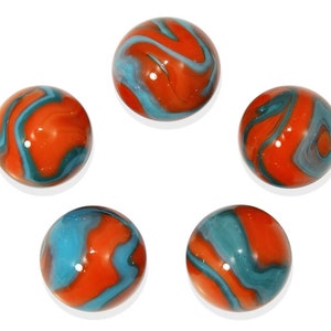 16mm Early "Seahorse" (5/8th") Glass Marble Players - Pack of 5 Red/Orange w Blue and Black Swirls Vacor Decor Party Favors Games