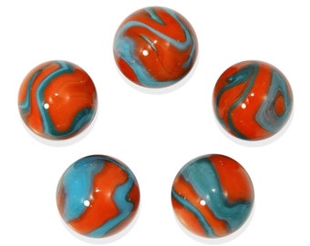 16mm "Seahorse" (5/8th") Glass Marble Players - Pack of 5 Orange w Blue and Black Swirls Vacor Decor Party Favors Games