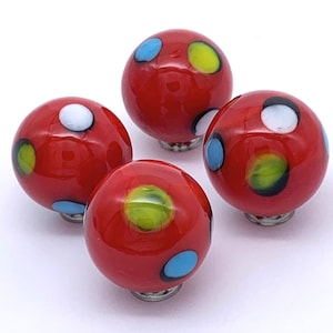 New for 2022!! &quot;Doodles&quot; 22mm Handmade Art Glass Shooter Marbles (7/8&quot;) Pk 4 Red w Colored Dots: White, Light Blue, & Lime Includes 4 Stands