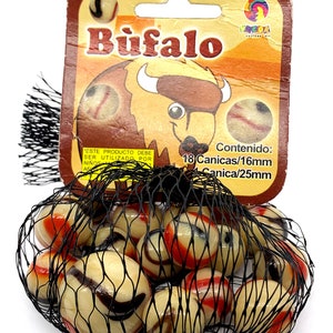 Net Bag of 19 &quot;Bufalo&quot; Glass Marbles from Mexico by Vacor (Called Centipede in US) Opaque Beige w Red & Brown/Black Swirls Fabricas Selectas