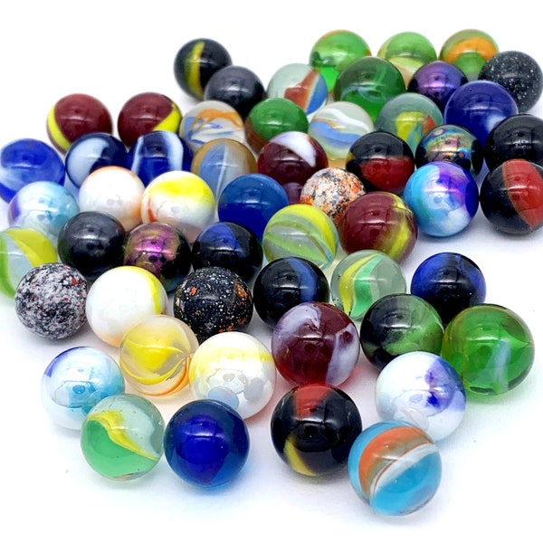 12mm (Approximately) Pk 50 Assorted Early Edition PeeWee Glass Mini Mega Marbles Vacor Pre 2003 Includes Blue Macaw, Rooster, Dragon Neptune