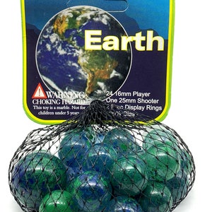 Net Bag of 25 &quot;Earth&quot; Glass Mega Marbles by Vacor Transparent with Green and Blue Splatters / Specks on the Surfaace 2004 Retired