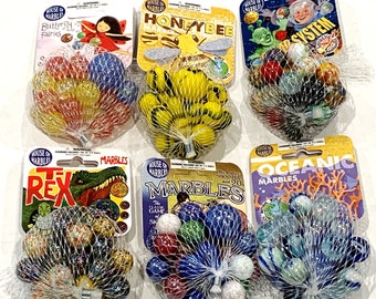 NEW for 2022! Set of 6 Net Bags Butterfly Fairies Solar System Honeybee T Rex Oceanic Classic Marbles Assorted Styles House of Marbles Vacor