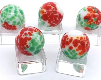 22mm Christmas Half & Half Shooter Glass Marbles Single or Pack of 5 (7/8") Opaque White w Red and Green Spots Discontinued Games Crafts