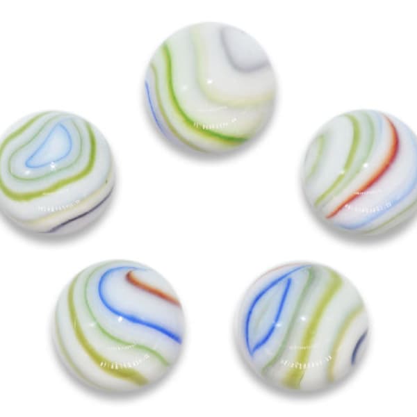 16mm Hurricane Glass Player Mega Marbles Pk of 5 w/Stands - Opaque White Base w/ Multi-Colored Swirls Vacor 2000-2010 Original Style Retired