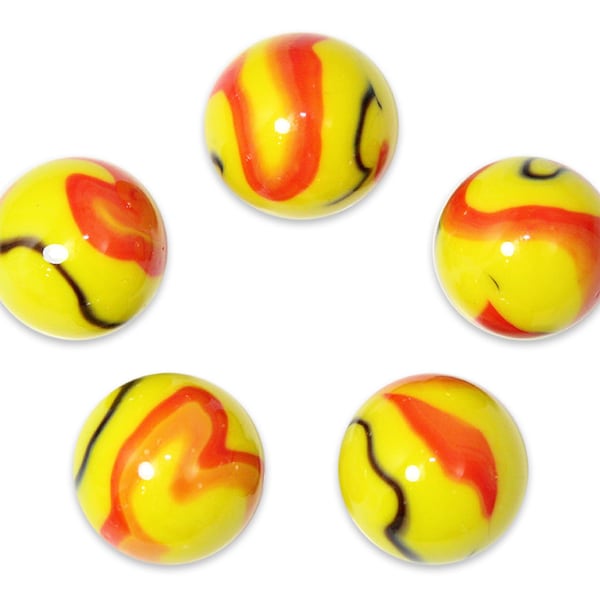 16mm "Scorpion" (5/8th") Glass Marble Players - Pack of 5 Yellow w Red and Black Swirls Vacor Retired Decorating Games Crafts Art Work