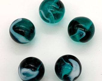 16mm Wicked Owl Glass Player Marbles (5/8") Pack of 5 Teal with White & Black Swirls Vacor