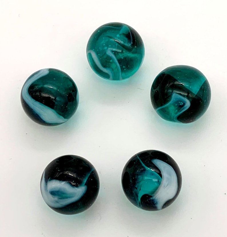 16mm Wicked Owl Pack of 5 Glass Player Marbles Teal with White & Black Swirls - w \/ 5 Stands Vacor