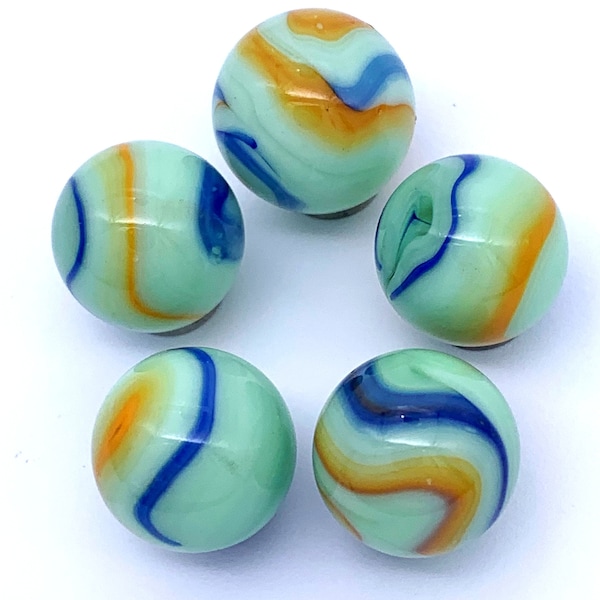 Monet 16mm Glass "Early Edition" Player Mega Marbles Pk 5 Opaque Light Green w Blue, Orange Swirls 2006-2011 Retired! RARE! Vacor