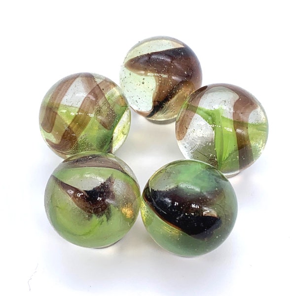 16mm "Gecko" Glass Marble Players (5/8th") Single or Pk 5 Transparent Base w Green & Brown Swirls in Center Vacor 2006-2008 RETIRED