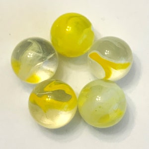 16mm Banana Swirl Early Edition Glass Player Marbles Choice of Single or Pk 5 Clear Base w Yellow & White Swirls Retired Vacor Mega Marbles image 3