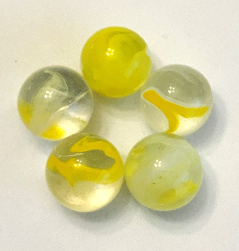 16mm Banana Swirl Early Edition Glass Player Marbles Choice of Single or Pk 5 Clear Base w Yellow & White Swirls Retired Vacor Mega Marbles image 3