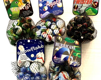 Lot of 5 Early Edition Mega Marbles Net Bags: Agate Hurricane Parrot Twister Snowflake 2003 - 2009 by Vacor Retired 25 Marbles Per Bag