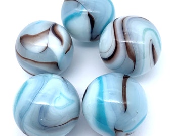 25mm "White Tiger Variant" Mega Marble 1" Shooters Pk 5 - Choice of 2 Variants Opaque White/Blue w Thin Brown/Blue Swirls or w Thick Swirls