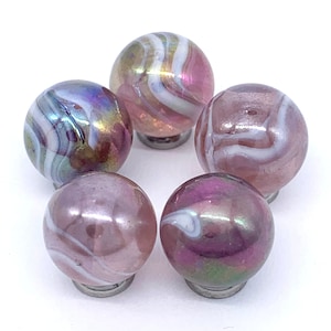 16mm "Octopus DC" (5/8th") Player Glass Mega Marbles Pk 5 Translucent Amethyst Base w Opaque White Swirls Iridescent Vacor 2002-2007 RETIRED