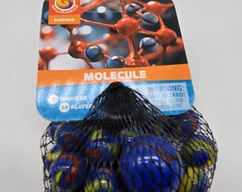 NEW FOR 2025! Molecule Net Bag Glass Marbles 24 16mm player marbles and 1 25mm shooter Blue with Red and Yellow Swirls Science Themed
