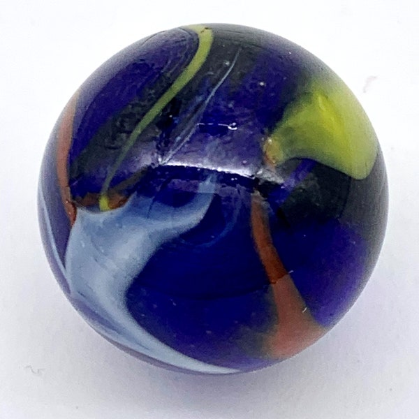 NEW for 2023! Single Eclipse 25mm 1" Glass Mega Marbles Shooter by Vacor Translucent Blue w Red White Yellow Swirls Similar to Michelangelo