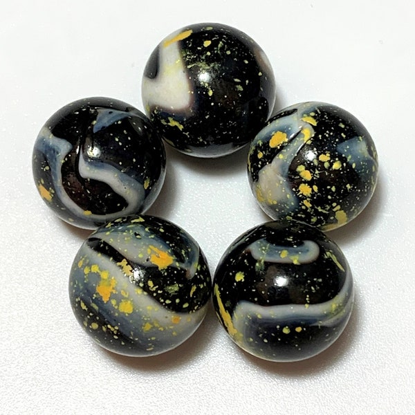 16mm King Penguin (American Version) Glass Early Edition Player Marbles Pk 5 Black Base w White Swirls & Yellow specks Retired! RARE! Vacor