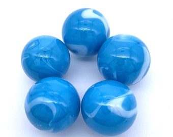 New for 2023! 25mm Neptune2 Glass Marble Shooters (1") Pack of 5 Opaque Light Blue with White Swirls House of Marbles Vacor