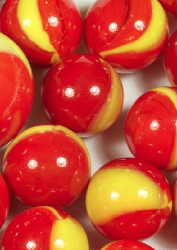 Red Devil 16mm Glass Player Marbles Pack of 5 Opaque Bright Red with Yellow  Swirls Made by Vacor 1993 - 2012 Retired! RARE!