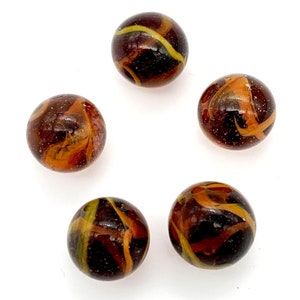 16mm &quot;Mummy&quot; Player Glass Marble Pack of 5 - (5/8th inch) Translucent Purple w Opaque Orange Swirls Retired Vacor