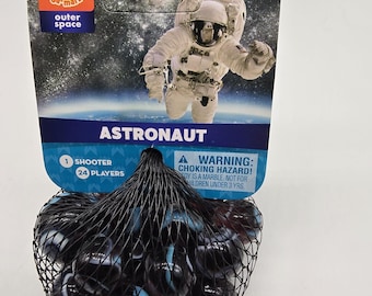 NEW FOR 2025! Astronaut Net Bag Glass Marbles 24 16mm player marbles and 1 25mm shooter Translucent Purple with Blue and White Swirls Space