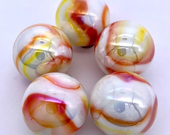 New for 2023! 25mm Gelato Glass Marble Shooters (1") Pack of 5 Iridescent Opaque White w Orange and Yellow Swirls Vacor House of Marbles