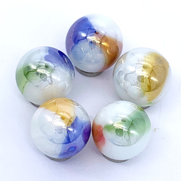 16mm "Comet" (5/8th") Glass Marble Players Choice: Packs of 5 Iridescent White w Green, Red, Blue, Brown, Yellow, Orange Combinations