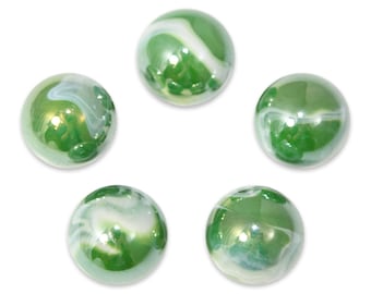 22mm  "Fungus" Marbles Glass Shooters - Pack of 5 Iridescent Green w White Swirls Games Décor Yard Art Crafts Party Favors