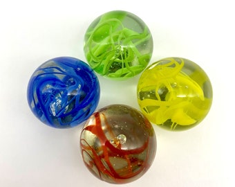 25mm Spaghetti Glass Shooter 1" Marbles Choice of Single, Pk 5 Same Color or Pk of 4 Colors: Clear w Red Blue Yellow White or Green Swirls