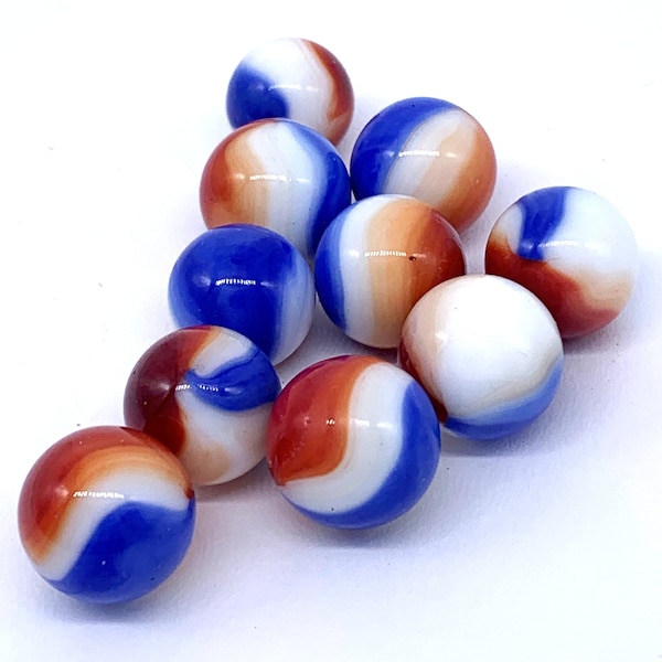 12mm (Approximately) "Patriot" Pk 10 Peewee Glass Mini Mega Marbles Shiny Red, White, and Blue w/Stands Pre-2000 Early Edition Vacor RARE!