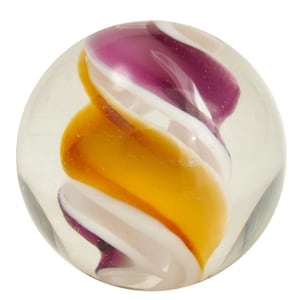 May include: A clear glass marble with a swirling pattern of white, yellow, and purple.