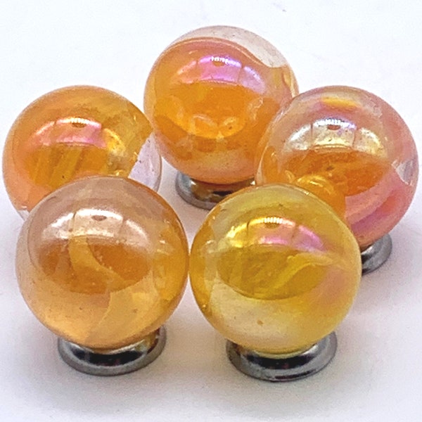 14mm "Diamond Crystal Snow Orange" Pk 5 Board Game Glass Mini Mega Marbles (.55") Transparent w 6 Orange Feather Vanes Early Edition 2000
