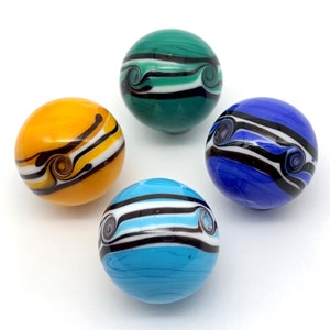 New for 2022!! &quot;Riptide&quot; 22mm Handmade Art Glass Marbles Choice: Set of 4 Colors or Single Yellow/Orange Light Blue Dark Blue or Green/Teal