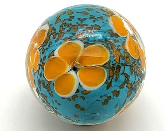 Cosmos - 16mm (5/8") Handmade Art Glass Player Marble Pale Blue Base with Orange and White Floral Pattern Decorating Games Crafts Art Work